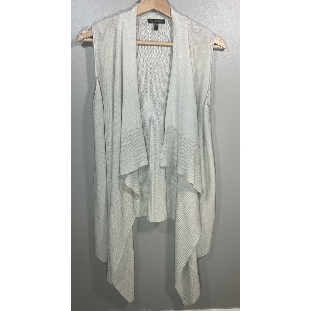 Eileen Fisher Open Front Drape Long Duster Cardigan Sleeveless Cotton Silk Large
